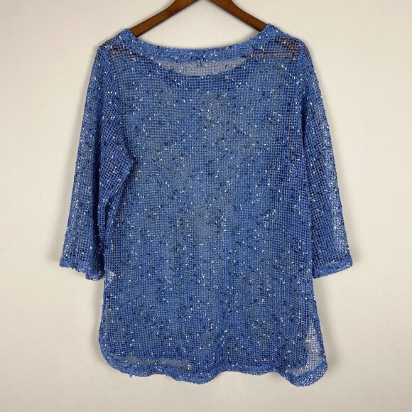 Lulu B Tunic Top‎ Womens XL Blue Net Mesh Mermaid Fishnet Open Knit 3/4 Sleeve - Picture 7 of 10